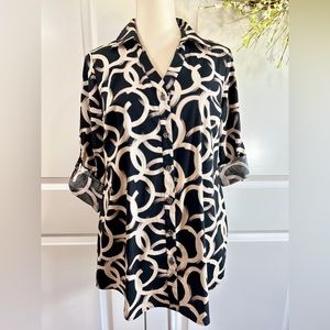 Womens Tunic Top Button Down Front Roll Cuff Sleeve Black Print Size 6